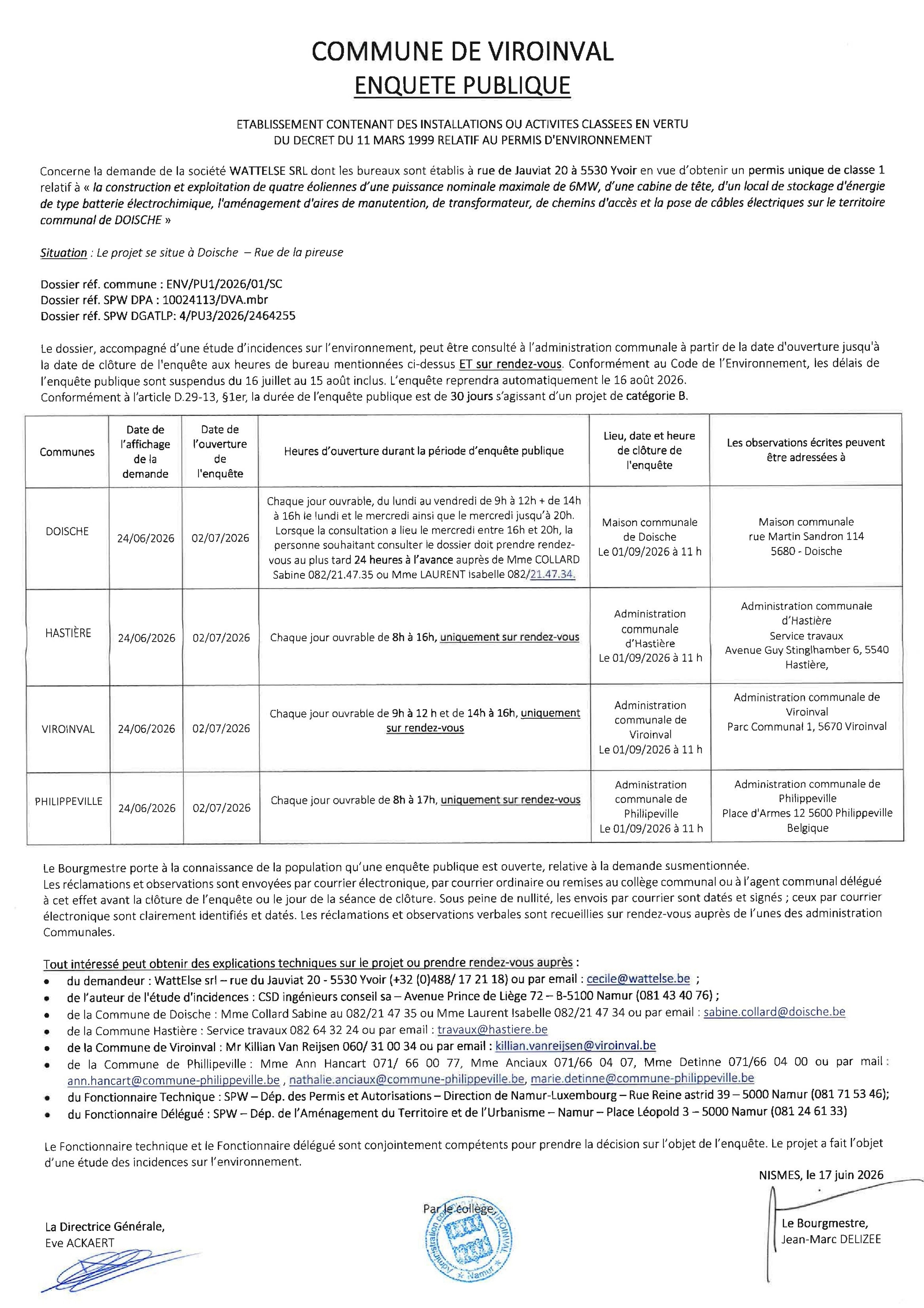 PERMIS UNIQUE – Projet d’implantation de 4 éoliennes à Doische